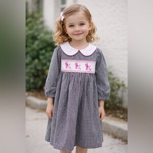 Marmellata Gingham Smocked Dress Girls 6 Pink Dogs Embroidery Poodles Classic